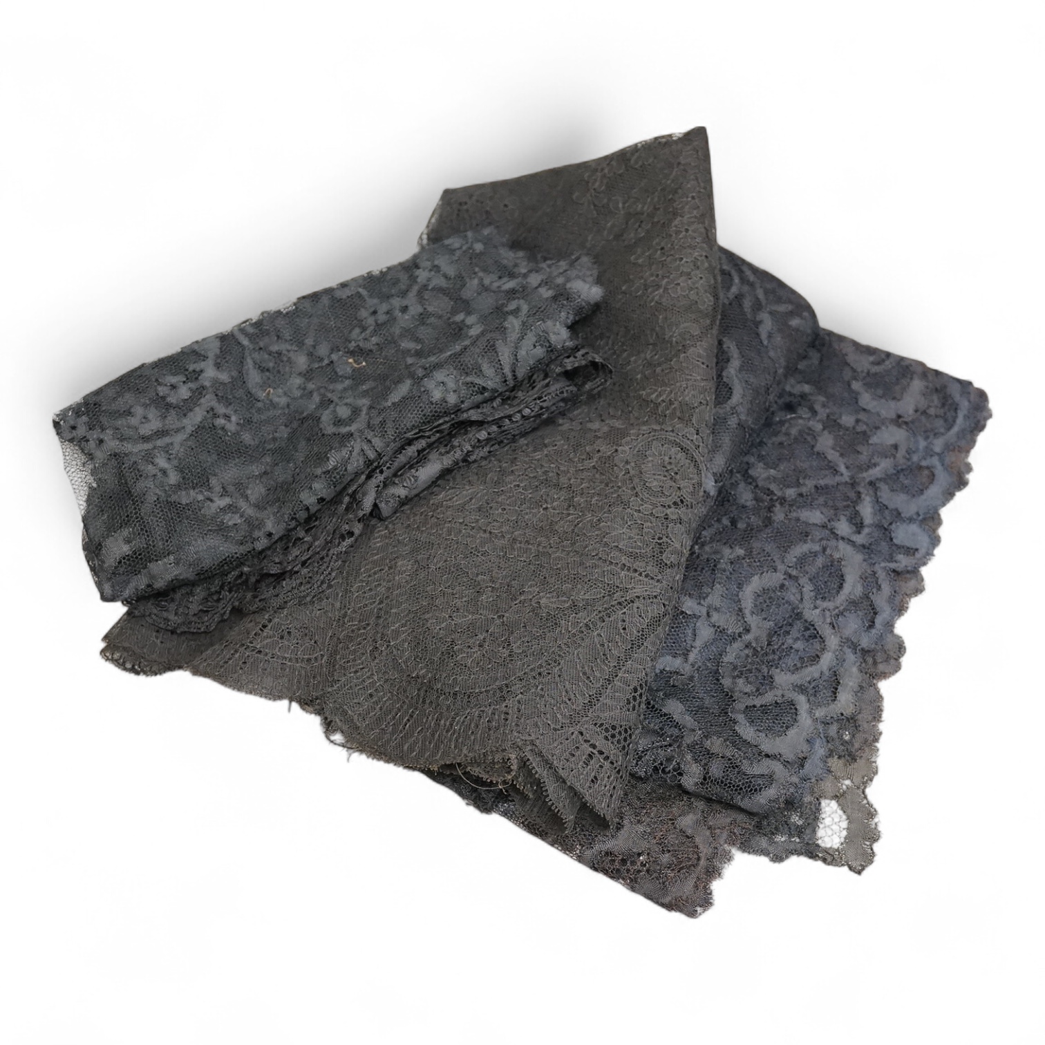 A black silk Maltese Mantilla, a machine lace Bertha, a wide silk Spanish black lace stole and similar bonnet veil, silk stole 240cm long x 88cm wide, good for theatre and film costume.